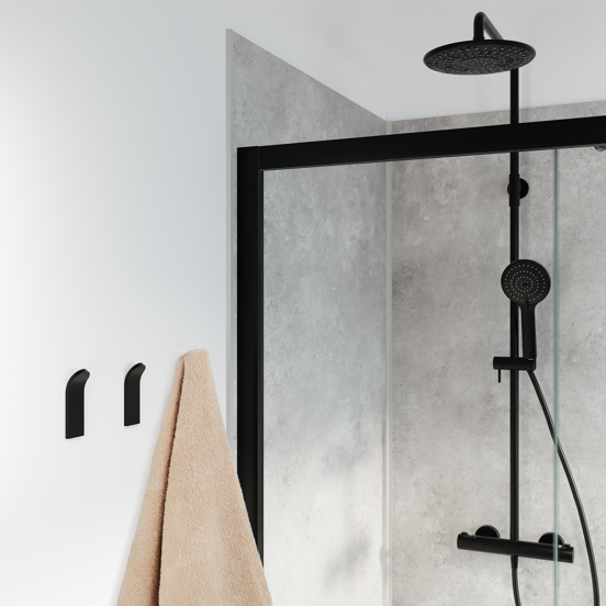 Linie Lucy dubbele shampoohouder voor douchewand met handdoekhaken mat zwart