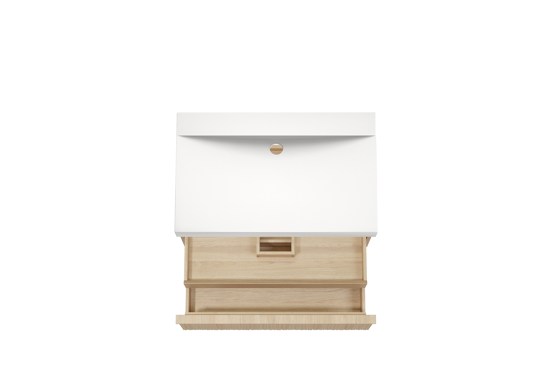 Balmani Forma zwevend badkamermeubel 90 x 55 cm natuur eik met Wave enkele wastafel in solid surface mat wit, Verticale asymmetrische ronde ribbel
