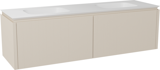 Balmani Eclips zwevend badkamermeubel 180 x 55 cm Sandbeige met Eclips dubbele wastafel in Solid Surface mat wit, Verticale symmetrische rechte ribbel