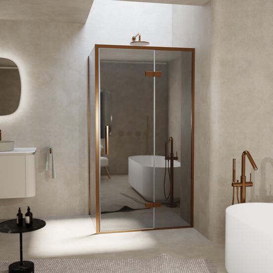 Balmani Senses Design douche en coin avec porte pivotante à droite et paroi latérale fixe, 100 x 100 cm, Miroir Reflex, Profil Brushed Rosegold, coating inclus