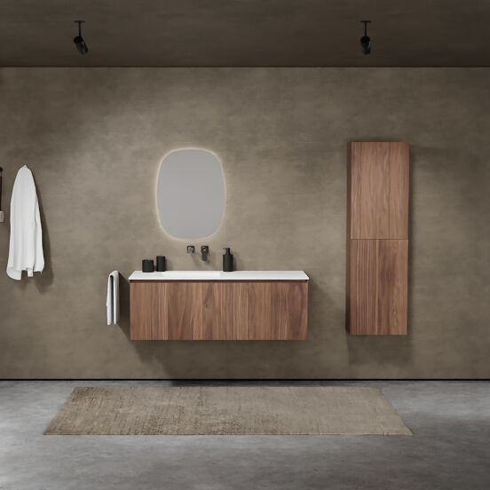 Balmani Idra hängendes Möbelstück Set: 135 x 55 cm, Nussbaum, mit Tablo Arcato Waschtisch links, Solid Surface Weiß matt