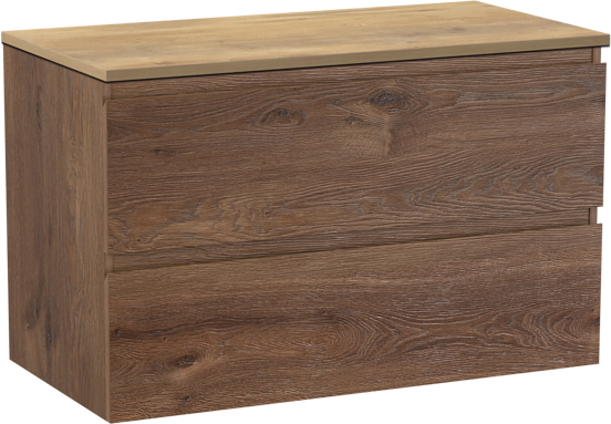 Linie Lado zwevend badmeubel 90 x 46 cm bruin eiken met Lado enkel wastafelblad in melamine naturel eiken