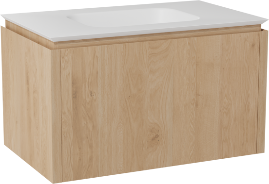 Balmani Eclips zwevend badkamermeubel 90 x 55 cm Natuur eik met Eclips enkele wastafel in Solid Surface mat wit