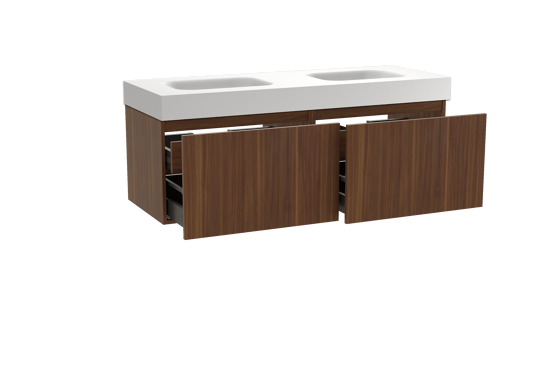 Balmani Sfera zwevend badkamermeubel 150 x 55 cm amerikaanse notelaar met Arcato dubbele wastafel in solid surface mat wit