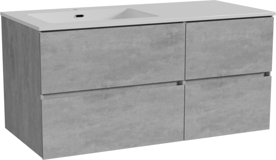 Storke Edge meuble salle de bains suspendu 110 x 52 cm béton gris foncé avec Diva plan vasque asymétrique à gauche en marbre composite blanc brillant