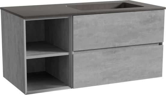 Storke Edge zwevend badmeubel 110 x 52 cm beton donkergrijs met Scuro asymmetrisch rechtse wastafel in kwarts mat zwart