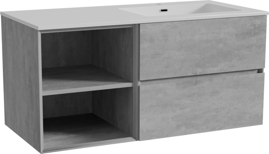 Storke Edge zwevend badmeubel 110 x 52 cm beton donkergrijs met Diva asymmetrisch rechtse wastafel in composietmarmer hoogglans wit