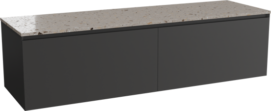 Balmani Idra zwevend badkamermeubel 180 x 55 cm mat zwart met Stretto enkel of dubbel tablet in terrazzo greige terrazzo