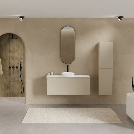 Balmani Sfera zwevend badmeubel 120 x 55 cm dune met Stretto enkel of dubbel wastafelblad in solid surface mat wit
