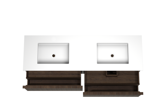 Balmani Forma zwevend badkamermeubel 180 x 55 cm gerookte eik met Tablo Stretto dubbele wastafel in solid surface mat wit, Verticale symmetrische rechte ribbel