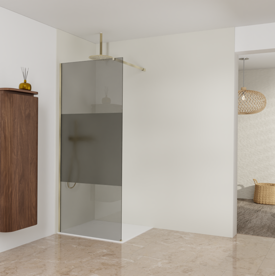 Balmani Modular inloopdouche: 90 x 200 cm, Rookglas met matte strook met coating, Brushed Champagne Gold profielen