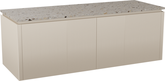 Balmani Eclips meuble salle de bains suspendu 150 x 55 cm Sandbeige avec Stretto tablette simple ou double en Terrazzo greige, Nervure droite symétrique verticale