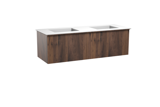 Balmani Forma zwevend badkamermeubel 150 x 55 cm amerikaanse notelaar met Tablo Stretto dubbele wastafel in solid surface mat wit, Verticale symmetrische rechte ribbel