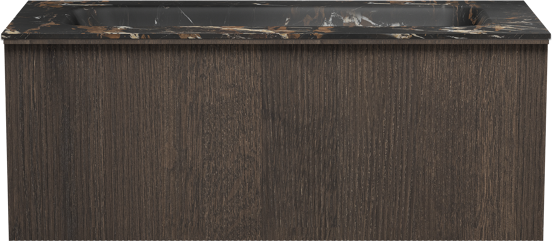 Balmani Forma zwevend badkamermeubel 120 x 55 cm gerookte eik met Tablo Arcato enkele wastafel voor 2 kraangaten in marmer portoro gold, Verticale symmetrische rechte ribbel