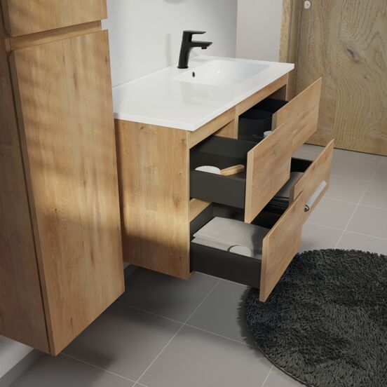Linie Lado zwevend badmeubel 100 x 46 cm naturel eiken met Vano asymmetrisch rechtse wastafel in composietmarmer hoogglans wit
