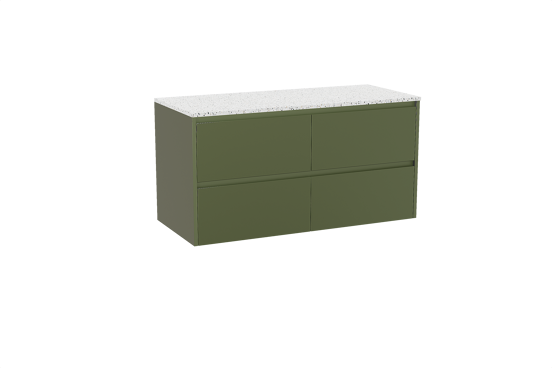 Storke Seda zwevend badkamermeubel 120 x 52 cm olijfgroen met Tavola enkel of dubbel tablet in mat wit/zwart terrazzo