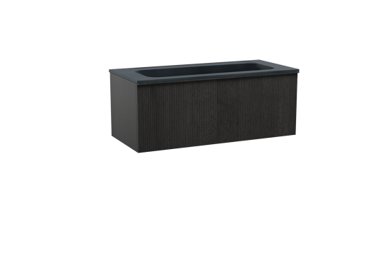 Balmani Forma meuble salle de bains suspendu 120 x 55 cm chêne noir avec Tablo Strada lavabo simple pour 2 trous de robinet en marbre composite noir mat, Nervure droite symétrique verticale