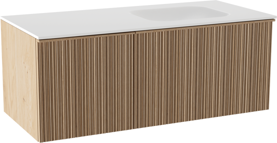 Balmani Forma zwevend badmeubel 120 x 55 cm naturel eiken met Tablo Arcato asymmetrisch rechtse wastafel in solid surface mat wit, Verticale asymmetrische ronde ribbel