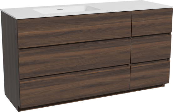 Storke Edge staand badkamermeubel 150 x 52 cm notelaar met Mata asymmetrisch linkse wastafel in solid surface mat wit