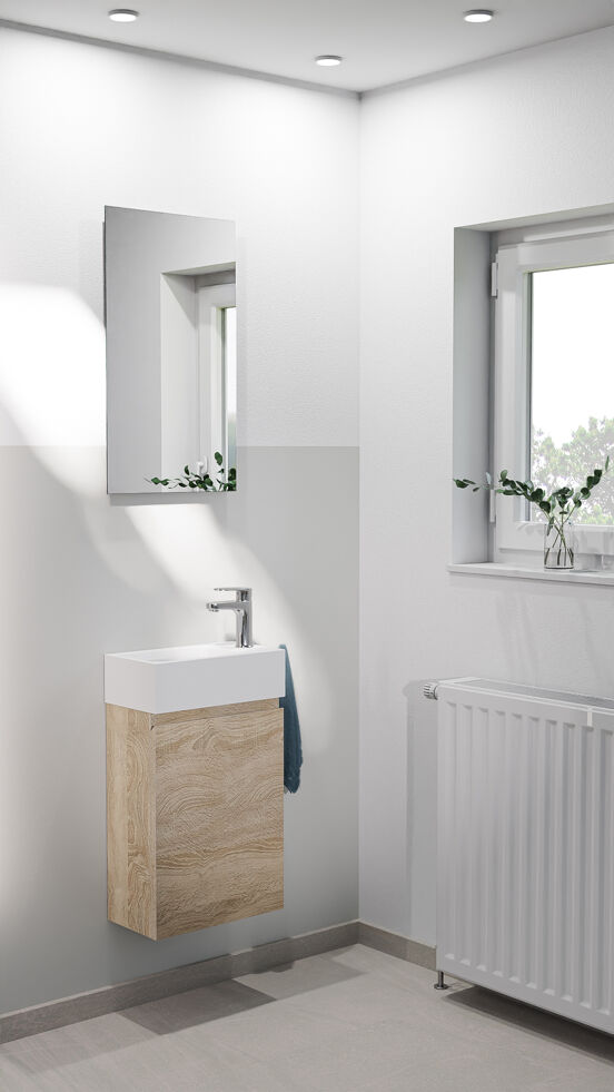 Linie Lado zwevend toiletmeubel 40 x 22 cm wit eiken met Vano wastafel in glanzend composiet marmer