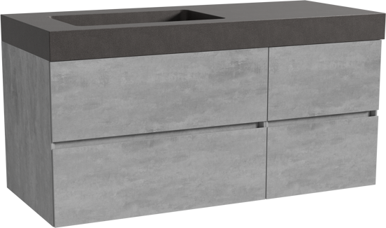 Storke Edge meuble salle de bains suspendu 120 x 52 cm béton gris foncé avec Scuro High plan vasque asymétrique à gauche en quartz noir mat