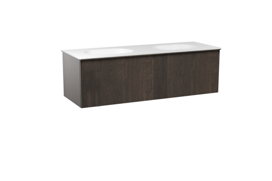 Balmani Forma zwevend badkamermeubel 150 x 55 cm gerookte eik met Tablo Oval dubbele wastafel in solid surface mat wit, Verticale symmetrische rechte ribbel