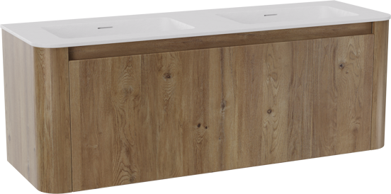 Storke Soft zwevend badkamermeubel 140 x 46 cm ruwe eik met Mata Soft dubbele wastafel in solid surface mat wit