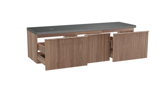 Balmani Forma zwevend badkamermeubel 180 x 55 cm teak met Rock dubbel tablet in graniet zwart, Verticale symmetrische rechte ribbel