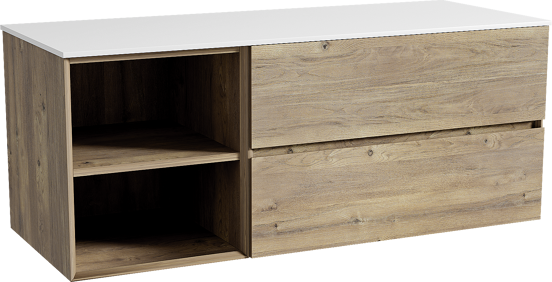 Storke Edge zwevend badmeubel 130 x 52 cm ruw eiken met Tavola enkel of dubbel wastafelblad in solid surface mat wit