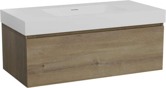 Storke Edge zwevend badkamermeubel 105 x 52 cm ruwe eik met Mata High enkele wastafel in solid surface mat wit
