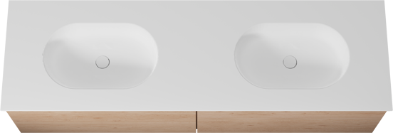 Balmani Forma zwevend badkamermeubel 180 x 55 cm natuur eik met Tablo Oval dubbele wastafel in solid surface mat wit, Horizontale symmetrische rechte ribbel