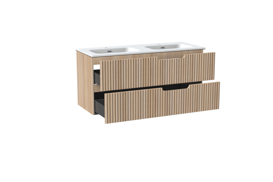 Linie Ribbo meuble salle de bains suspendu 120 x 46 cm chêne clair avec Baro double vasque en porcelaine blanc mat, Nervure circulaire symétrique verticale
