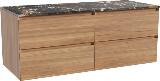 Balmani Mitra meuble salle de bains suspendu 135 x 55 cm teck avec Stretto tablette simple ou double en marbre portoro gold