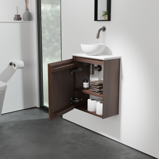Balmani Mitra zwevend toiletmeubel 42 x 21 cm amerikaans notenhout met Facetta wastafelblad en Jazz waskom in matte Solid Surface