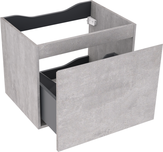 Linie Lado meuble salle de bains suspendu 60 x 46 cm béton gris foncé avec Baro plan simple en porcelaine blanc brillant, Montro armoire de toilette et Mila robinet de lavabo
