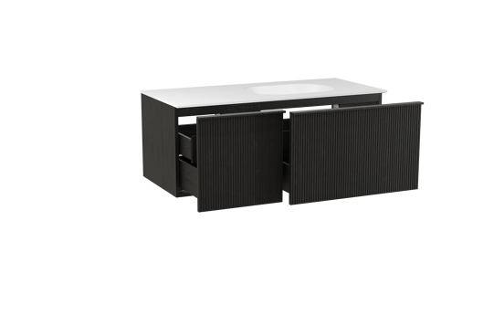Balmani Forma zwevend badkamermeubel 120 x 55 cm zwarte eik met Tablo Oval asymmetrisch rechtse wastafel in solid surface mat wit, Verticale symmetrische rechte ribbel
