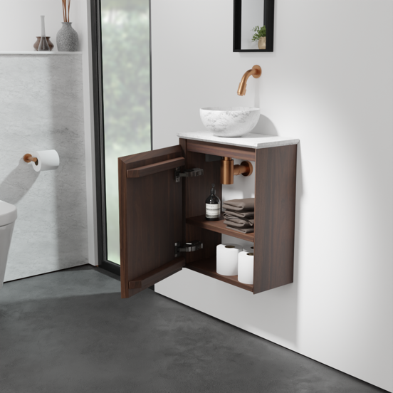 Balmani Mitra meuble wc suspendu 42 x 21 cm noyer américain avec Facetta tablette et Bari XS vaque à poser en marbre carrare