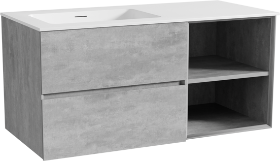 Storke Edge meuble salle de bains suspendu 110 x 52 cm béton gris foncé avec Mata plan vasque asymétrique à gauche en solid surface blanc mat