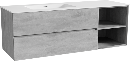 Storke Edge hängendes Möbelstück Set: 150 x 52 cm, Beton dunkelgrau, mit Mata Waschtisch links, Solid Surface Weiß matt