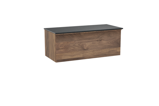 Balmani Forma hängendes Möbelstück Set: 120 x 55 cm, Amerikanischer Nussbaum, mit Stretto Einzel Waschtischplatte, Granit, Schwarzes Granit, Horizontale symmetrische gerade Rippe
