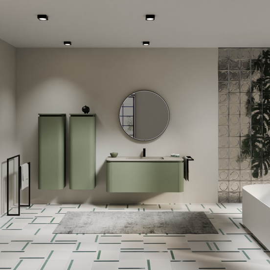 Balmani Moon meuble salle de bains suspendu 130 x 55 cm vert sauge avec Moon plan simple en top solid soie grise