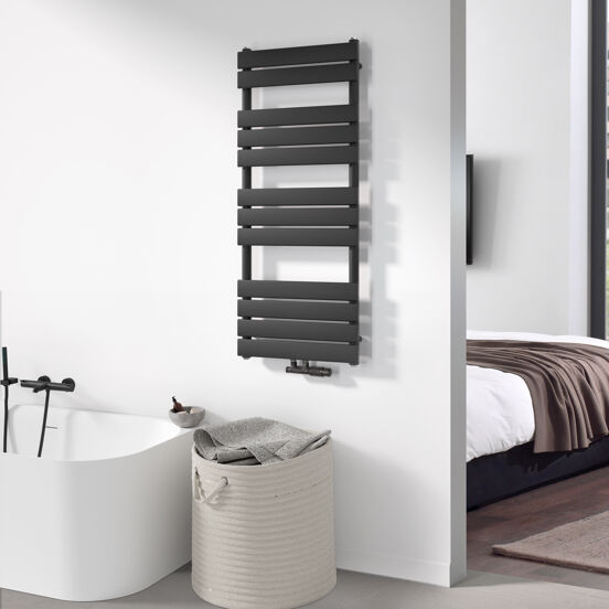 Vipera Vulcan enkele handdoekradiator 50 x 120 cm centrale verwarming mat zwart zij- en middenaansluiting 673W