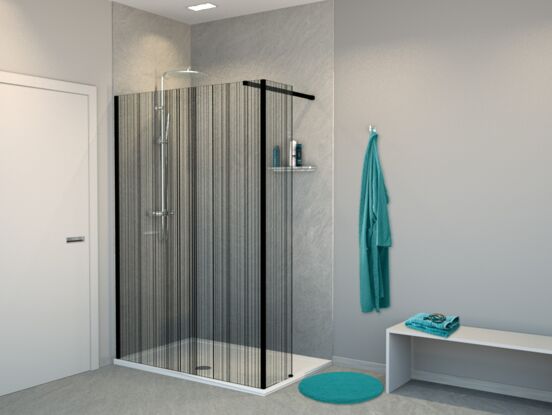 Balmani BMSS Walk-In-Dusche mit fester Seitenwand 140 x 200 cm, Strichcode schwarz Glas , Profil schwarz matt