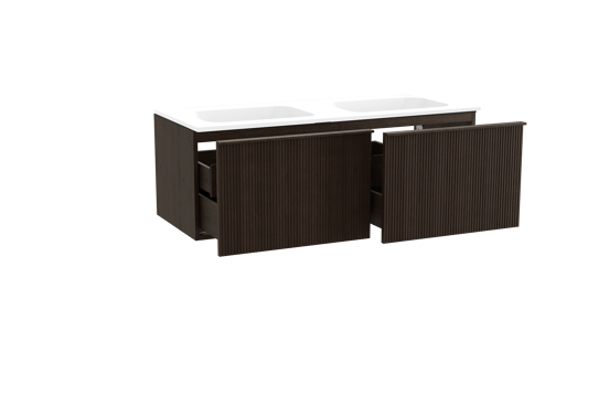 Balmani Forma meuble salle de bains suspendu 135 x 55 cm chêne fumé avec Tablo Strada double vasque en marbre composite blanc mat, Nervure droite symétrique verticale