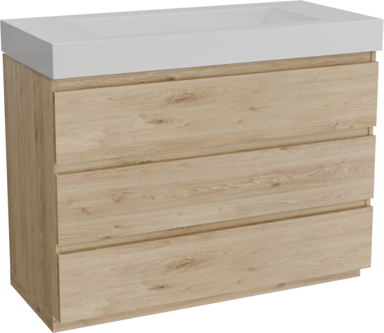 Balmani Lucida freistehendes Möbelstück Set: 120 x 55 cm, Rohe Eiche, mit Modus Einzelwaschtisch für 2 Armaturenlöcher, Solid Surface Weiß matt