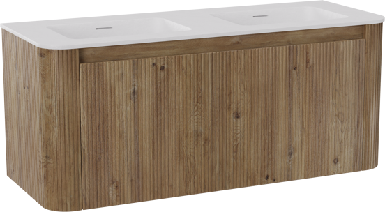 Storke Soft hängendes Möbelstück Set: 120 x 46 cm, Eiche rau, mit Mata Soft Doppelwaschtisch Solid Surface Weiβ matt, Vertikale symmetrische gerade Rippe