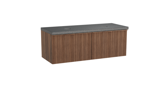 Balmani Forma meuble salle de bains suspendu 135 x 55 cm noyer américain avec Rock tablette double en granit noir, Nervure circulaire asymétrique verticale