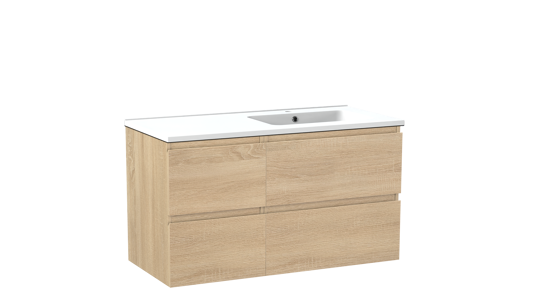 Linie Lado zwevend badmeubel 100 x 46 cm wit eiken met Vano asymmetrisch rechtse wastafel in composietmarmer mat wit