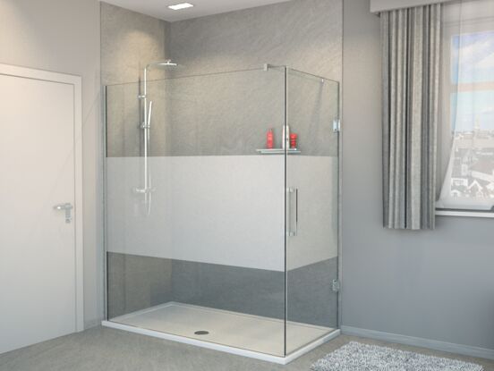 Balmani Modular Walk-In-Dusche mit Tür Rechts 160 x 200 cm, Klarglas mit mattiertem Streifen, Profil chrom glänzend