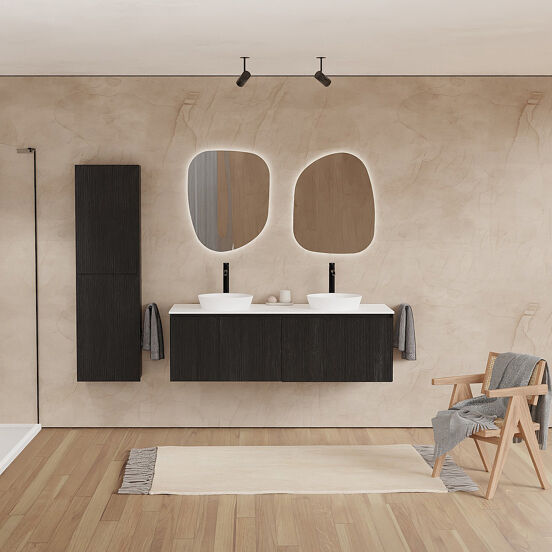 Balmani Fila hängendes Möbelstück Set: 150 x 55 cm, Schwarze Eiche, mit Stretto Einzel- oder Doppel Waschtischplatte, Solid Surface, Weiß matt, Vertikale symmetrische gerade Rippe